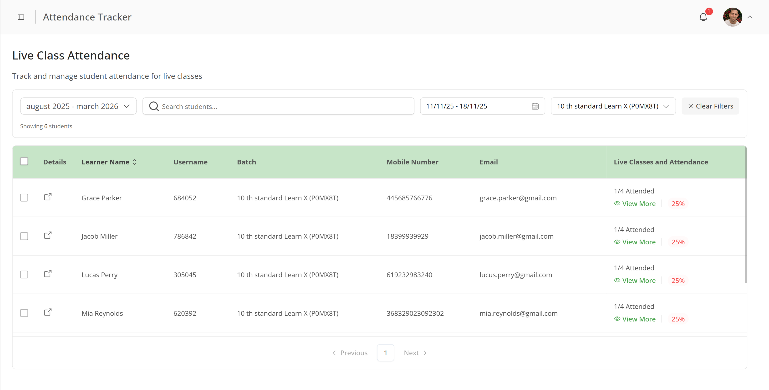 Vacademy live session auto-attendance dashboard